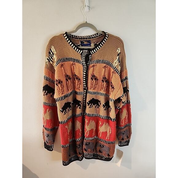 Hand Knit Safari Chunky KNIT ANIMAL PRINT CARDIGAN MARIEA KIM XL Funky NWT - Picture 1 of 6